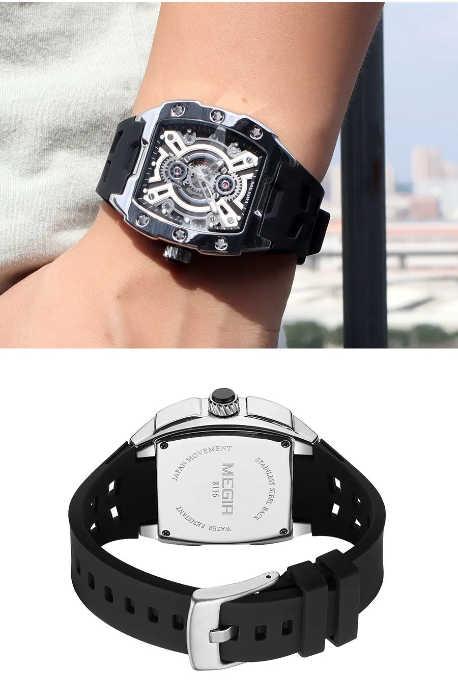 MEGIR Fashion Sport Quartz Watch for Men Tonneau Case Waterproof Luminous Hands Wristwatch with Silicone Strap Hollowed-out Dial