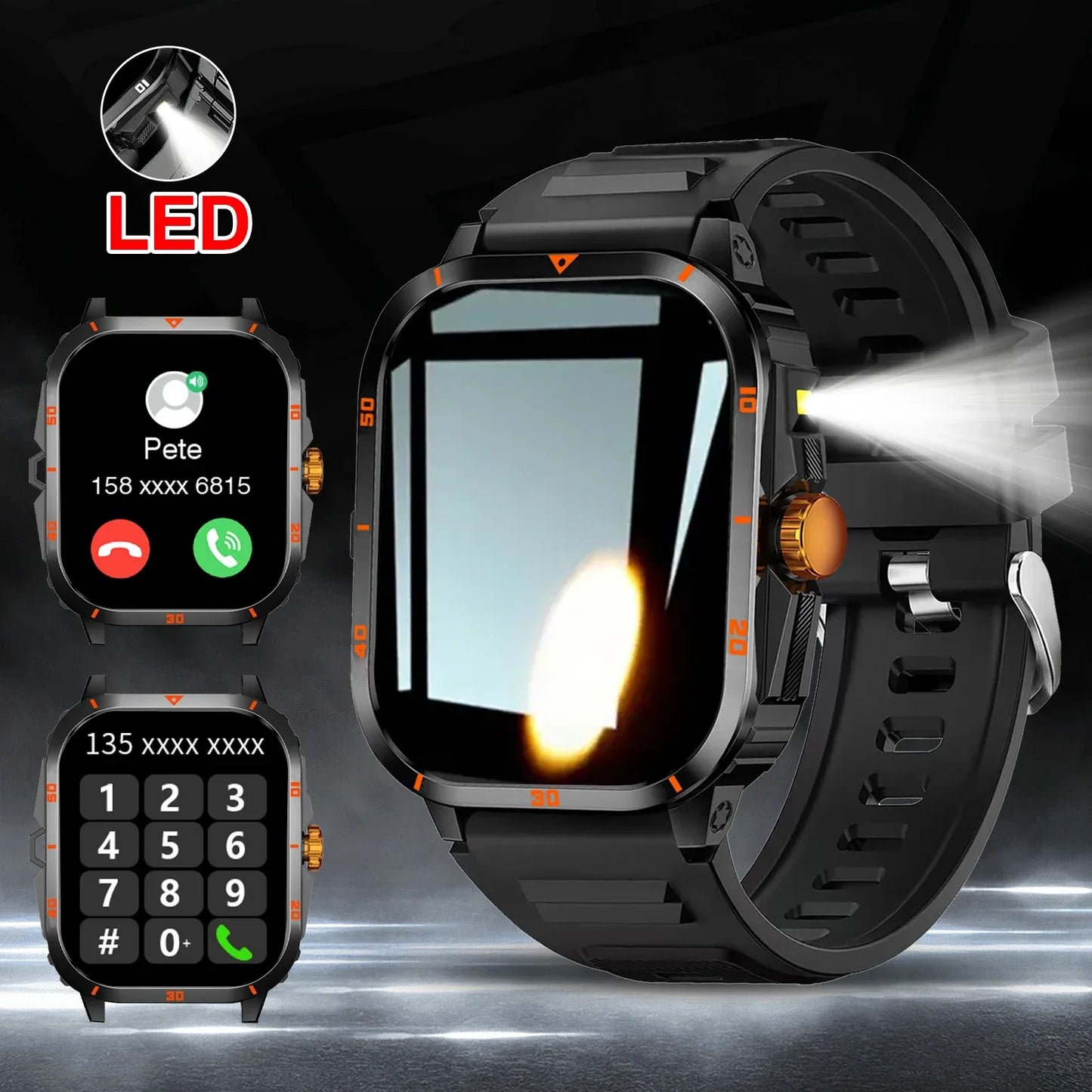 Smart watch, full touchscreen sports watch, Bluetooth calling, with flashlight, unisex, compatible with Android and iPhone. - Wear444