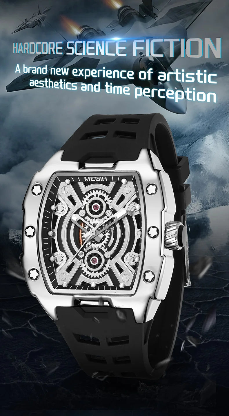 MEGIR Fashion Sport Quartz Watch for Men Tonneau Case Waterproof Luminous Hands Wristwatch with Silicone Strap Hollowed-out Dial