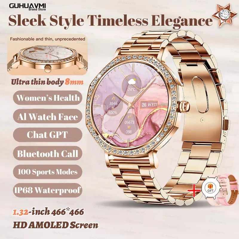 2025 New Ladies' Fashion Smartwatch Diamond Frame HD AMOLED Screen Bluetooth Call Health Monitoring Waterproof Smart Watch Gift - Wear444