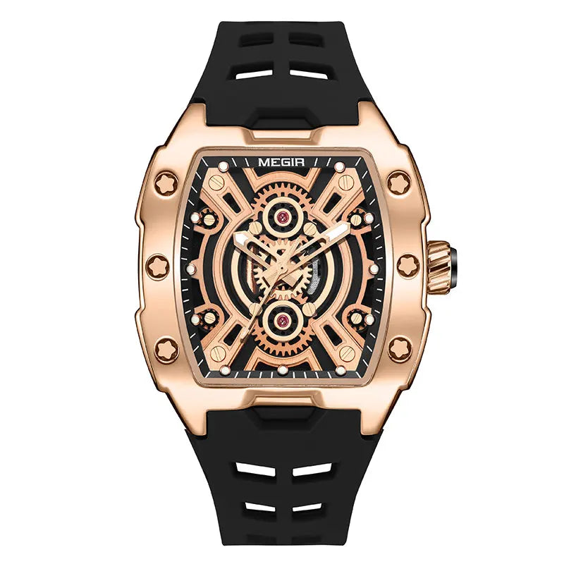 MEGIR Fashion Sport Quartz Watch for Men Tonneau Case Waterproof Luminous Hands Wristwatch with Silicone Strap Hollowed-out Dial