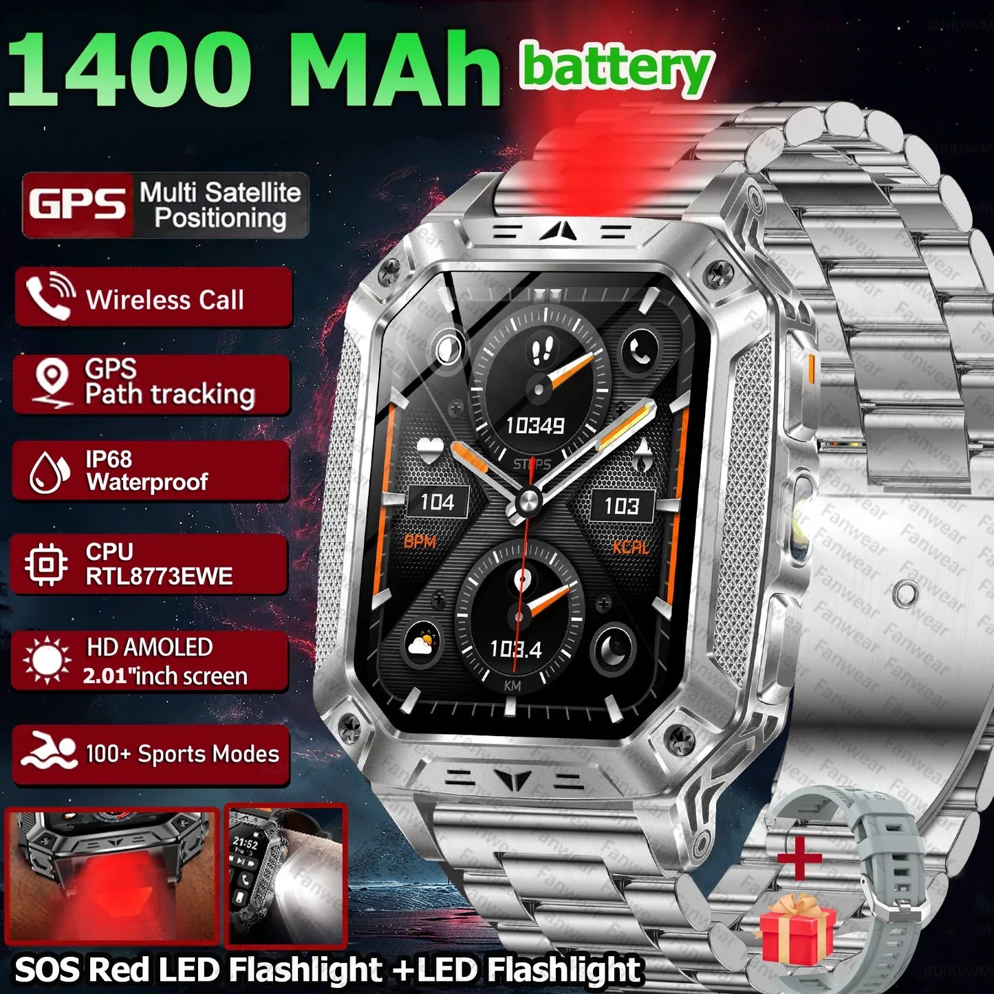 Robust military smart watch 1400Mah battery fitness tracking 10ATM waterproof tactical sports flashlight men's phone watch - Wear444