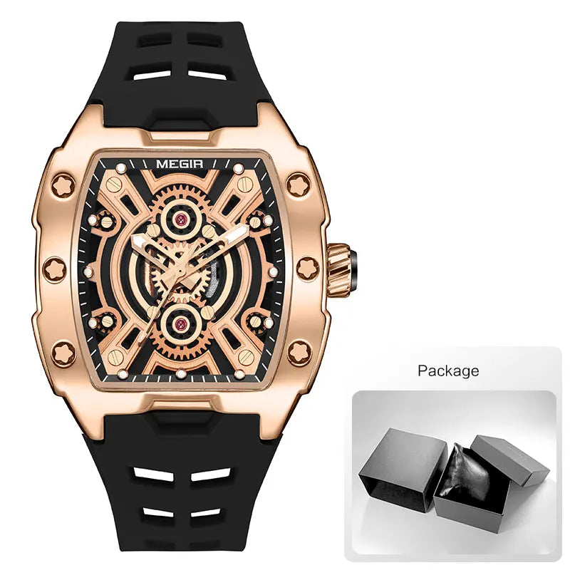 MEGIR Fashion Sport Quartz Watch for Men Tonneau Case Waterproof Luminous Hands Wristwatch with Silicone Strap Hollowed-out Dial