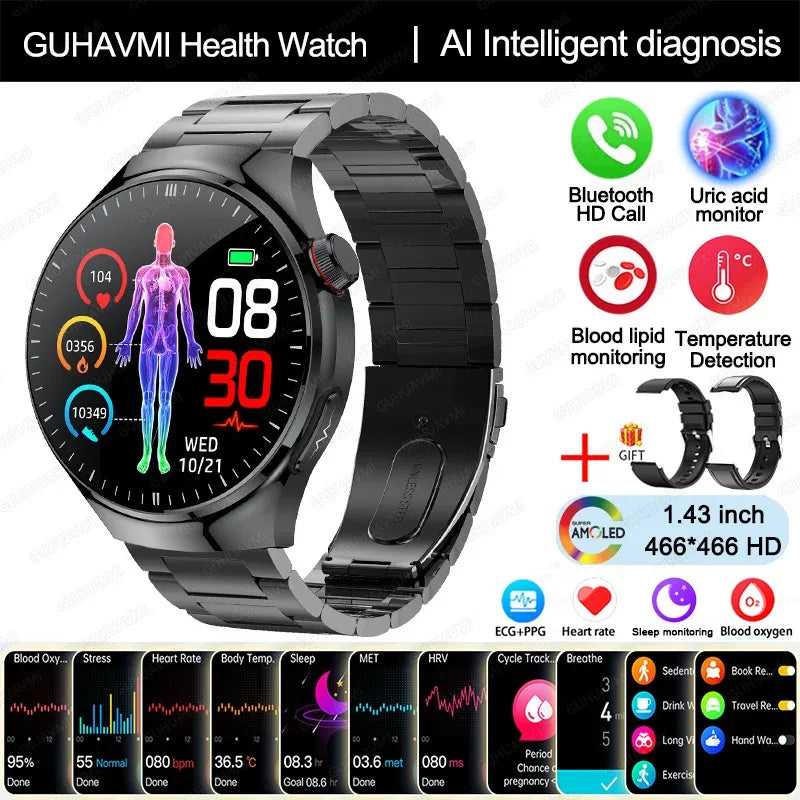 2025 New Nursing Grade Smart Watch Blood oxygen Blood Lipid Uric Acid ECG+PPG Body Temperature Bluetooth Call Health Smartwatch - Wear444