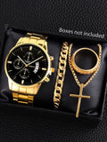 Fashionable men's quartz watch band calendar with bracelet necklace ring set party gift