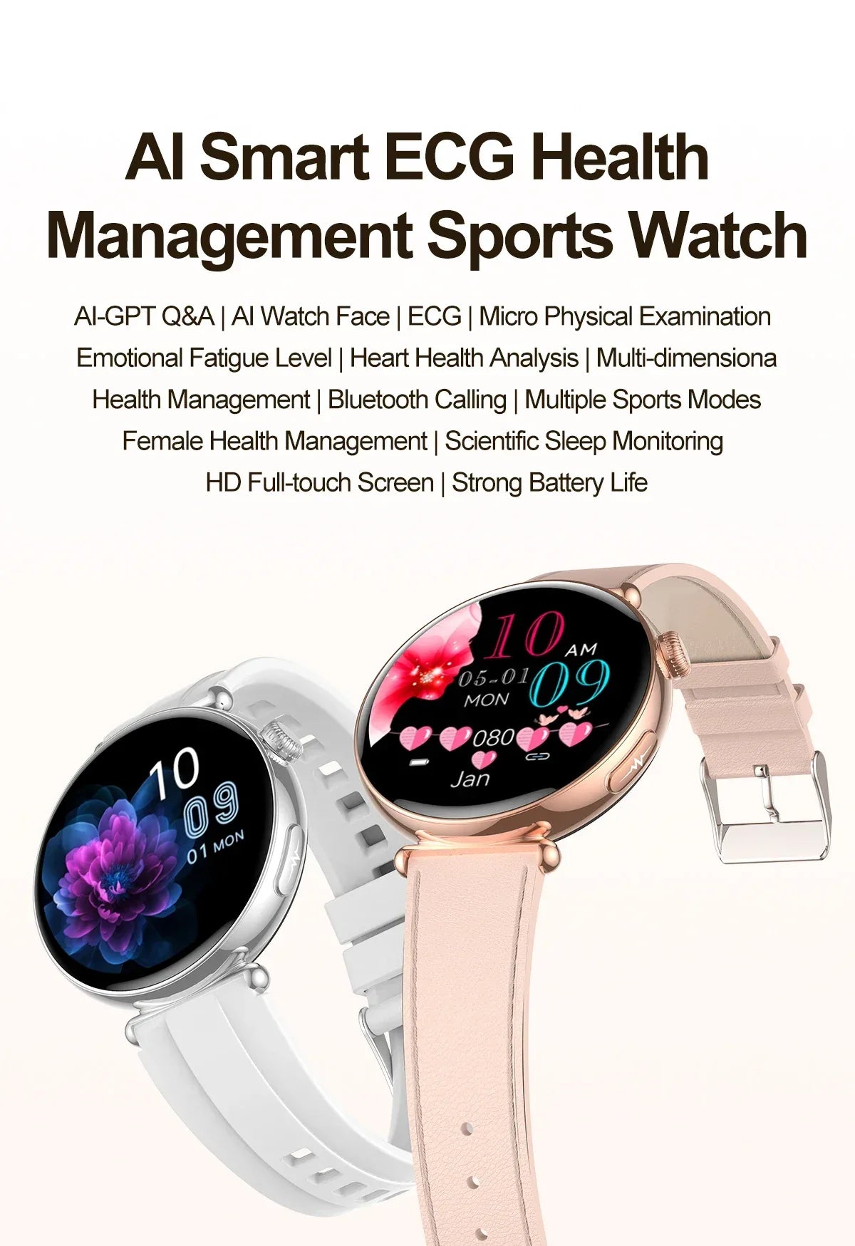 2026 New Women AI Smart Diagnosis Smart Watch HRV+ECG Uric Acid Blood Oxygen Health Monitor IP68 Waterproof Sports Smartwatches - Wear444