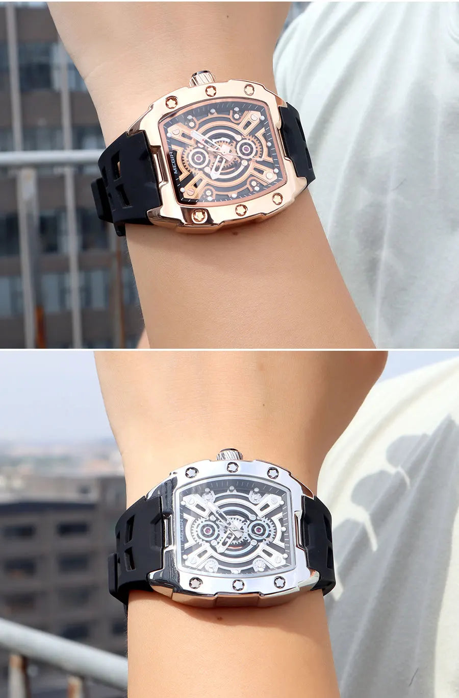 MEGIR Fashion Sport Quartz Watch for Men Tonneau Case Waterproof Luminous Hands Wristwatch with Silicone Strap Hollowed-out Dial