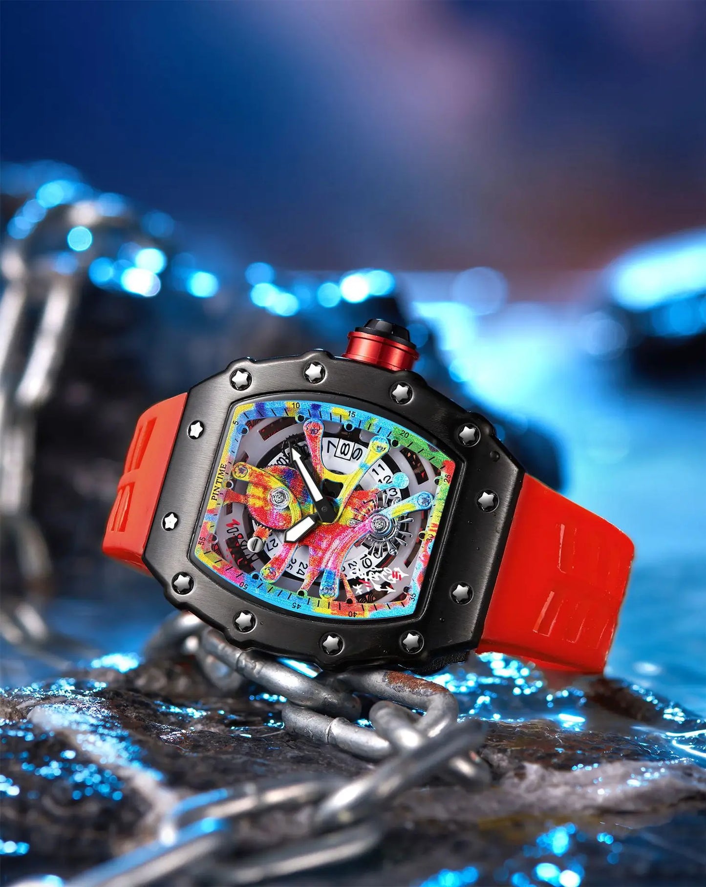 Fashion Mechanical Man Watches Classic Colorful RM Desgin Automatic Visable Wristwatch Causal Men Watch Rubber Strap Belt