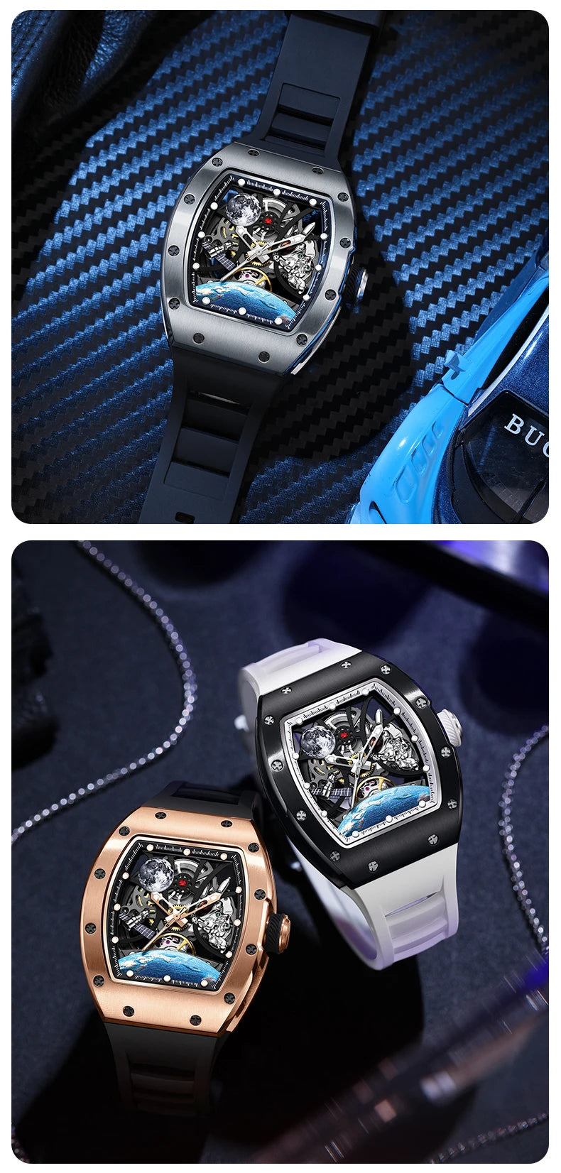 Men's Automatic Watches for Men Fashion Tonneau Mechanical Clock Earth Dial Waterproof Luxury Luminous Skeleton Mens WristWatch