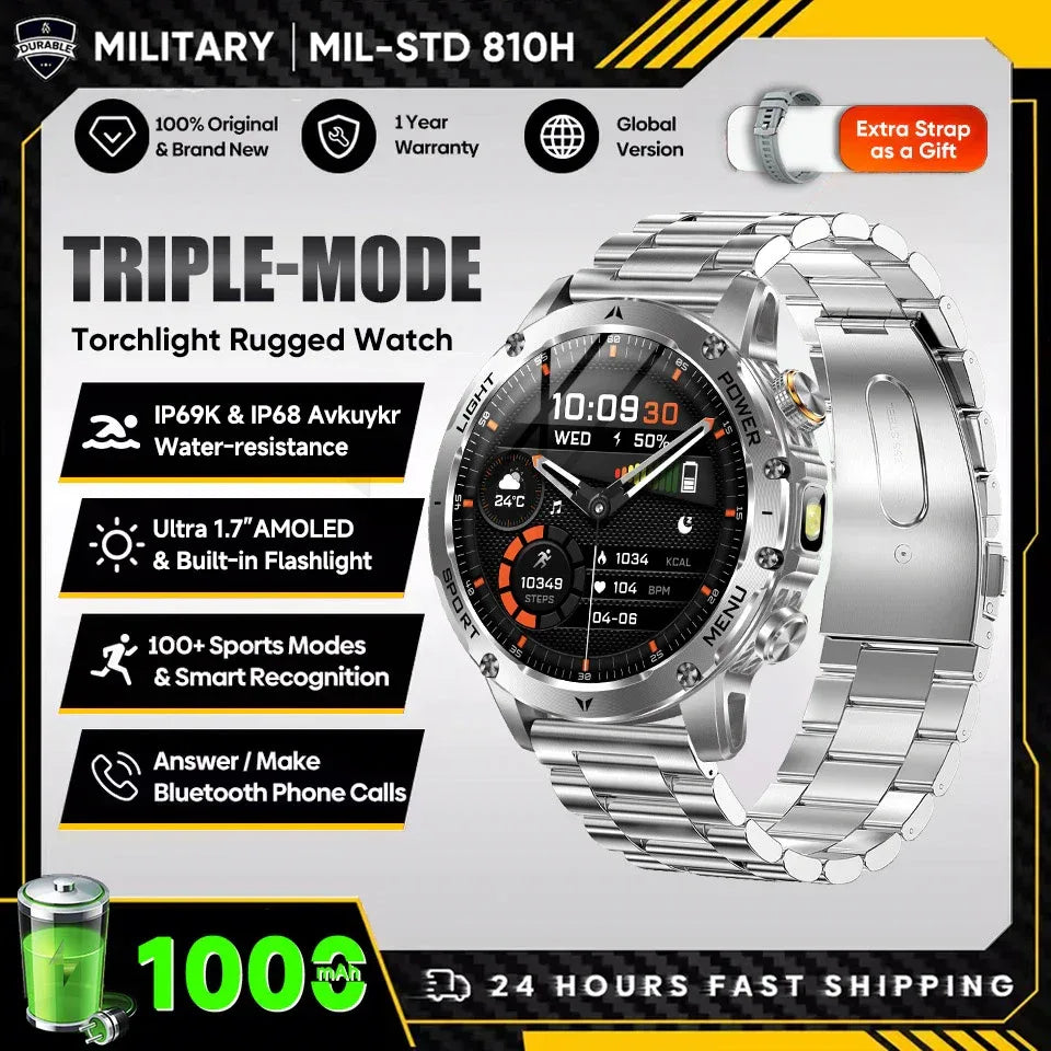2025 New Military T-Rex 3 Ultra 1000mAh Battery Smart Watch 5ATM Waterproof Flashlight Heart Rate Sports tracker Smartwatch Men - Wear444