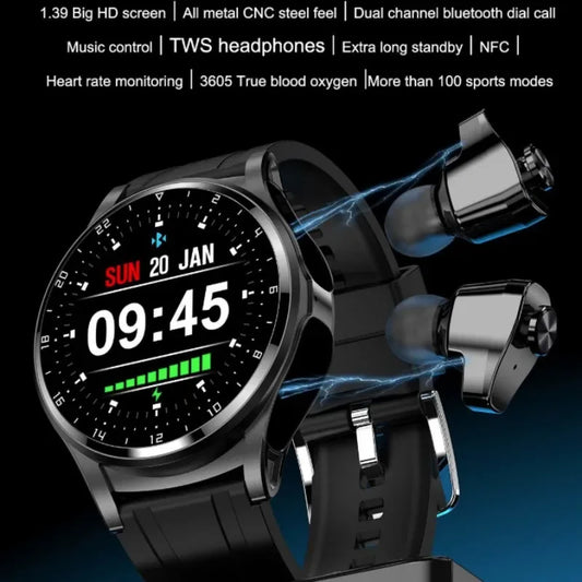 TWS 2-in-1 Smartwatch 1.39-inch HD Screen Bluetooth Calls Recording Stopwatch NFC Remote Control Camera Fucntion Healty Monitor - Wear444