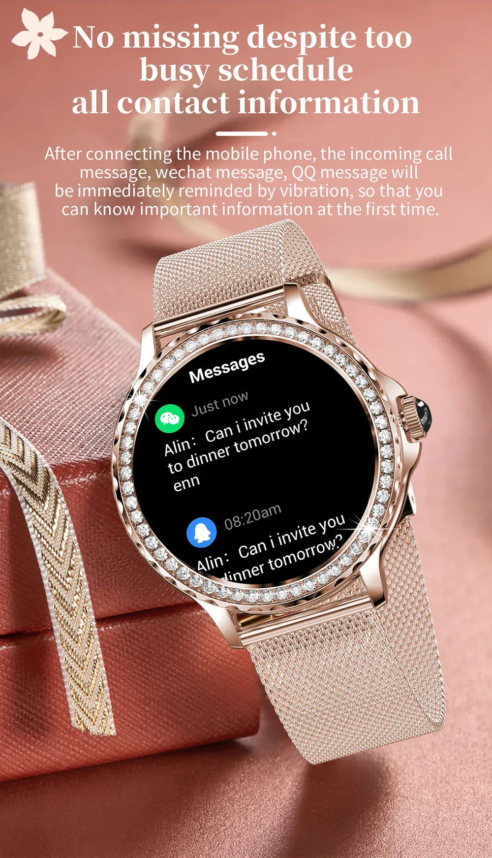 MEVADEN Rose Gold Smart Watch Bluetooth Call Lady 100+ Sports Mode Fitness Health Monitor Women Smartwatch for IOS Android NX19 - Wear444