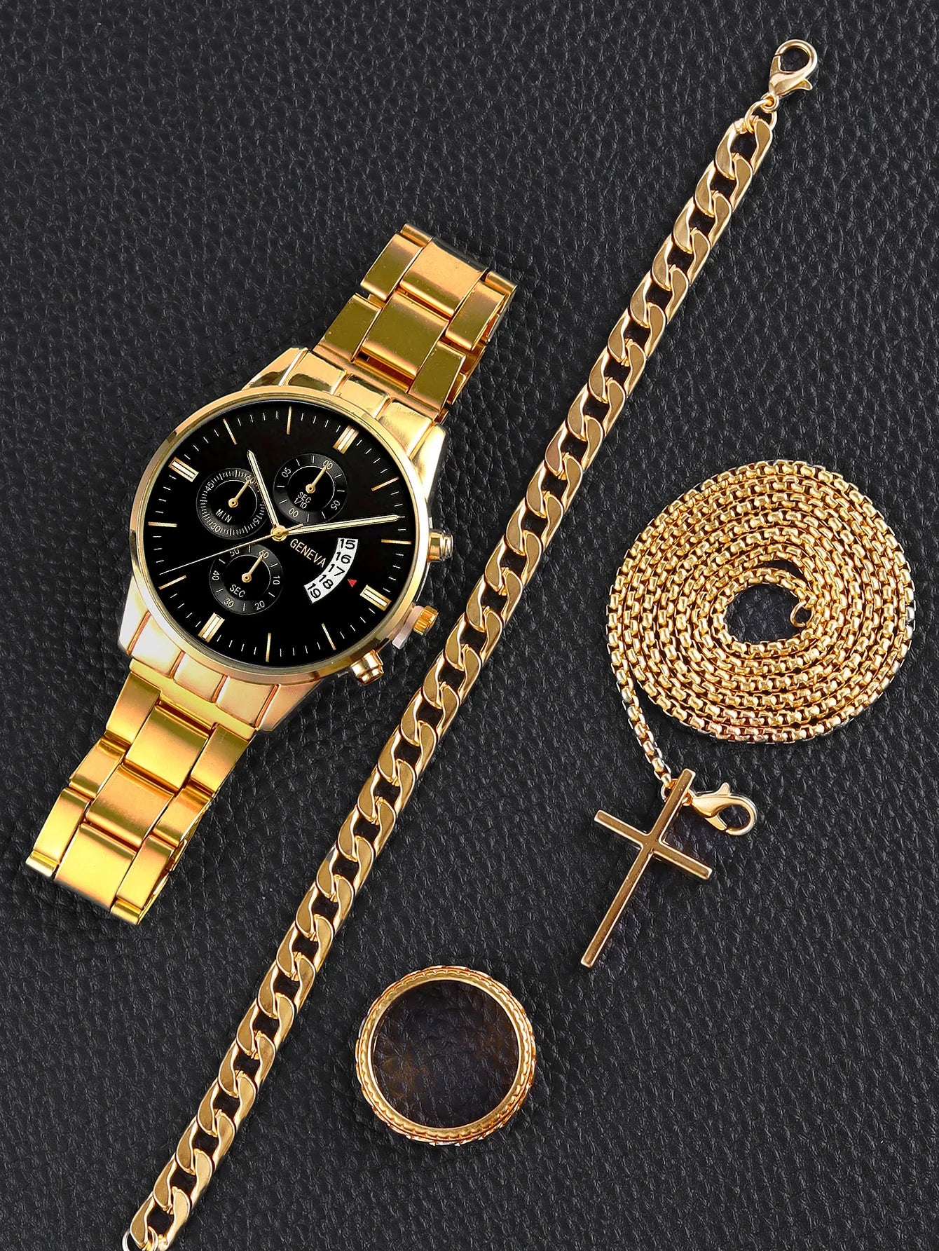 Fashionable men's quartz watch band calendar with bracelet necklace ring set party gift