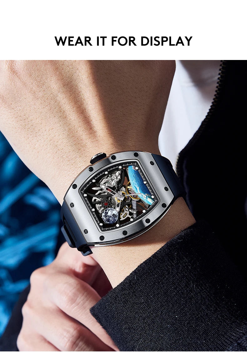 Men's Automatic Watches for Men Fashion Tonneau Mechanical Clock Earth Dial Waterproof Luxury Luminous Skeleton Mens WristWatch