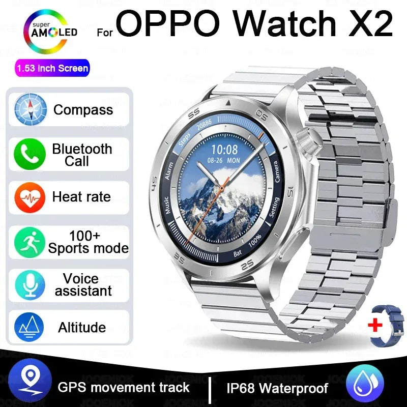 2025 New OPPO X2 Smart Watch Men's GPS Sports IP68 Waterproof Compass Heart Rate Blood Oxygen Bluetooth Call Smartwatches IOS - Wear444