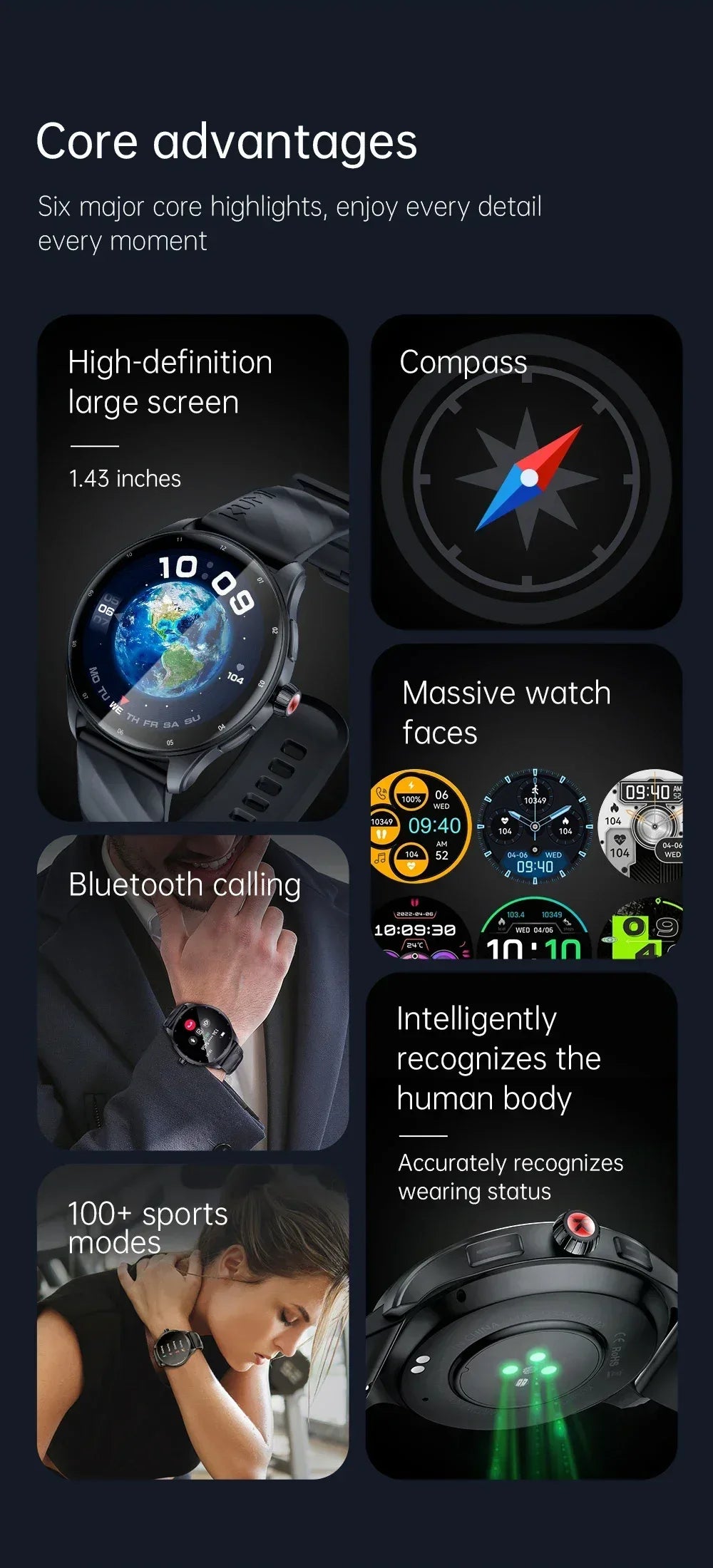 KUMI GW3 Pro Smartwatch 1.43" AMOLED IP68 Waterproof Bluetooth 5.2 Fitness Tracker Heart Rate Blood Oxygen Monitor - Wear444