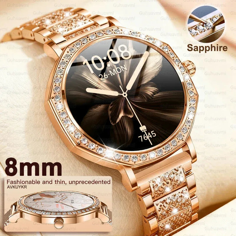 2025 New Ladies' Fashion Smartwatch Diamond Frame HD AMOLED Screen Bluetooth Call Health Monitoring Waterproof Smart Watch Gift - Wear444