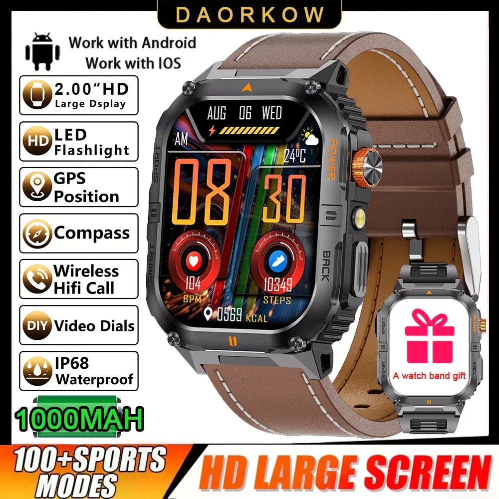 New 1000mAh military outdoor smartwatch for men, LED flashlight, IP68 waterproof, GPS sports, 2.01-inch Bluetooth call smartwatc - Wear444