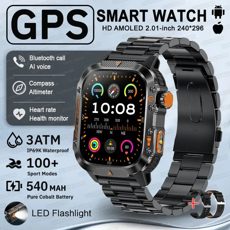 2025 New GPS Military Outdoor Sports Smart Watch Men 2.01-inch AMOLED 3ATM IP69K Waterproof Compass Call Swim Fitness Smartwatch - Wear444