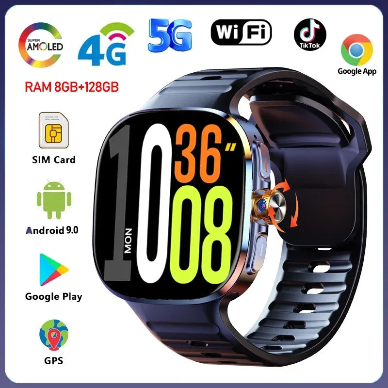 8GB+128GB RAM 5G/4G Smart Watch 2.4 inch AMOLED 2100mah Battery 900W Camera GPS WIFI Google APPS Download Smartwatch Android 10 - Wear444