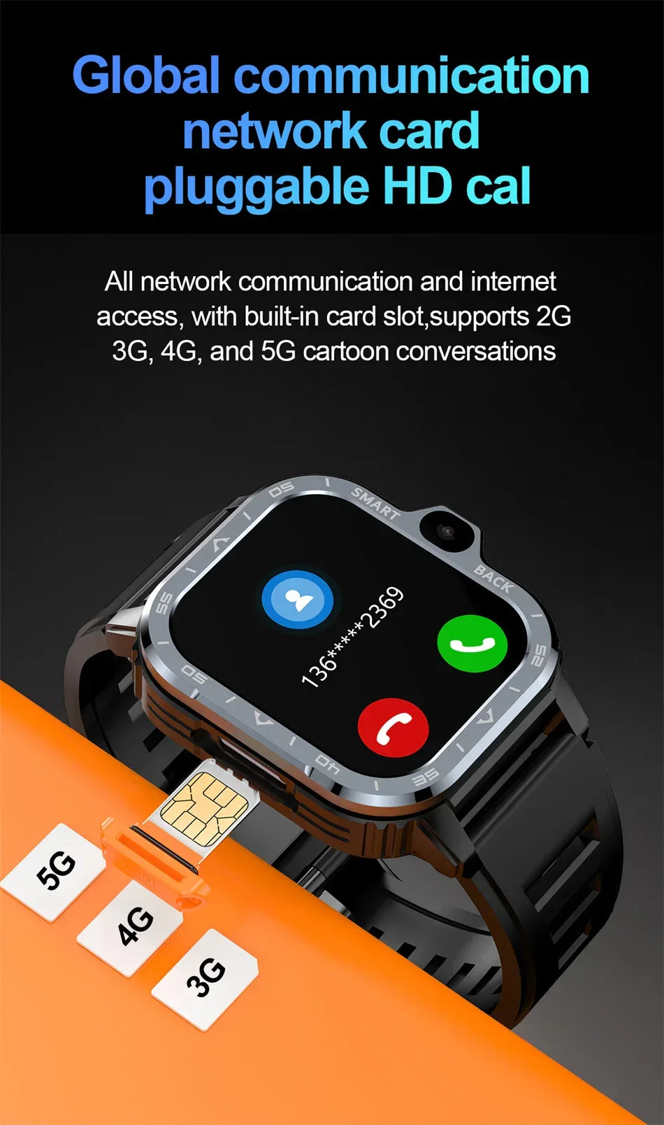 Android WhatsApp Smart 5G Video Voice SOS Call Camera Watch GPS WIFI Trace Locate SIM Card Phone Smartwatch Google Play 8GB+64GB - Wear444