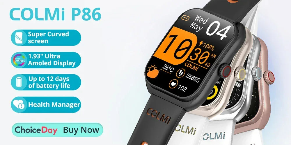 COLMI P86 1.93" AMOLED Smartwatch Men Health Manager Bluetooth Call IP68 Waterproof Smart Watch Women For Xiaomi iOS Phone - Wear444