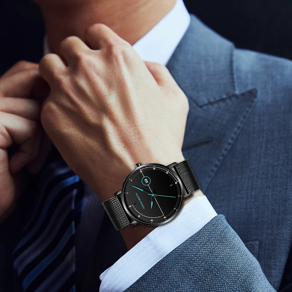 Top Men Quartz Watch With Japanese Movement Simple Blue Black Stainless Steel Mesh Belt Waterproof Travel Fashion Men Wristwatch