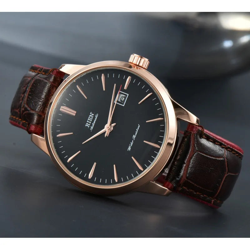 Men's Quartz Watch with 3 O'clock Position Calendar Quartz Movement 40.5mm Dial Diameter and 11mm Thickness Leather Strap