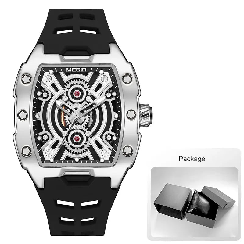 MEGIR Fashion Sport Quartz Watch for Men Tonneau Case Waterproof Luminous Hands Wristwatch with Silicone Strap Hollowed-out Dial