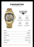 LIGE Fashion Quartz Watches For Men Gold Skeleton Retro Men Watch Top Brand Luxury Sport Waterproof Watch Men Relogios Masculino