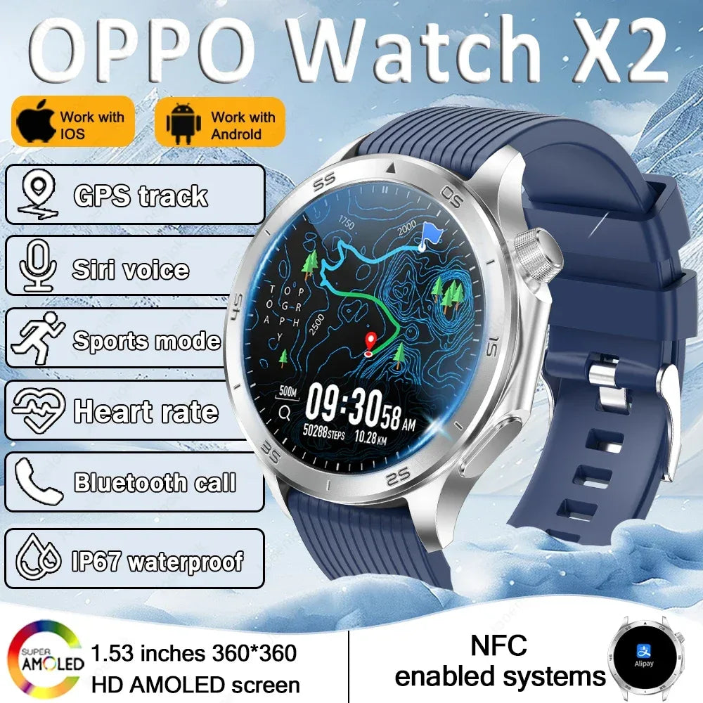 2025 New OPPO X2 Smart Watch Men's GPS Sports IP68 Waterproof Compass Heart Rate Blood Oxygen Bluetooth Call Smartwatches IOS - Wear444