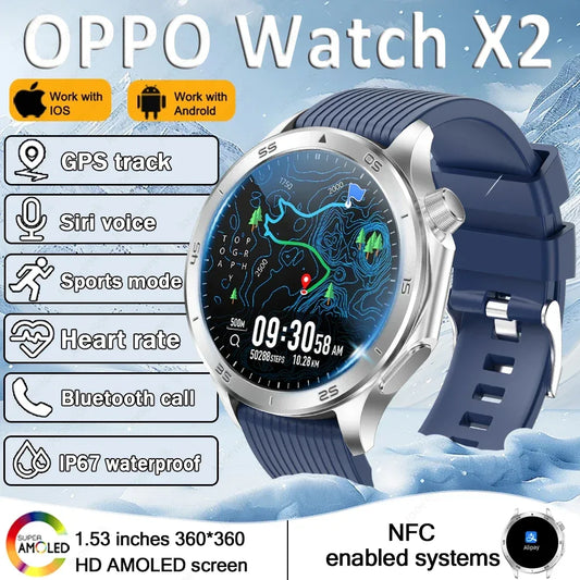 2025 New OPPO X2 Smart Watch Men's GPS Sports IP68 Waterproof Compass Heart Rate Blood Oxygen Bluetooth Call Smartwatches IOS - Wear444