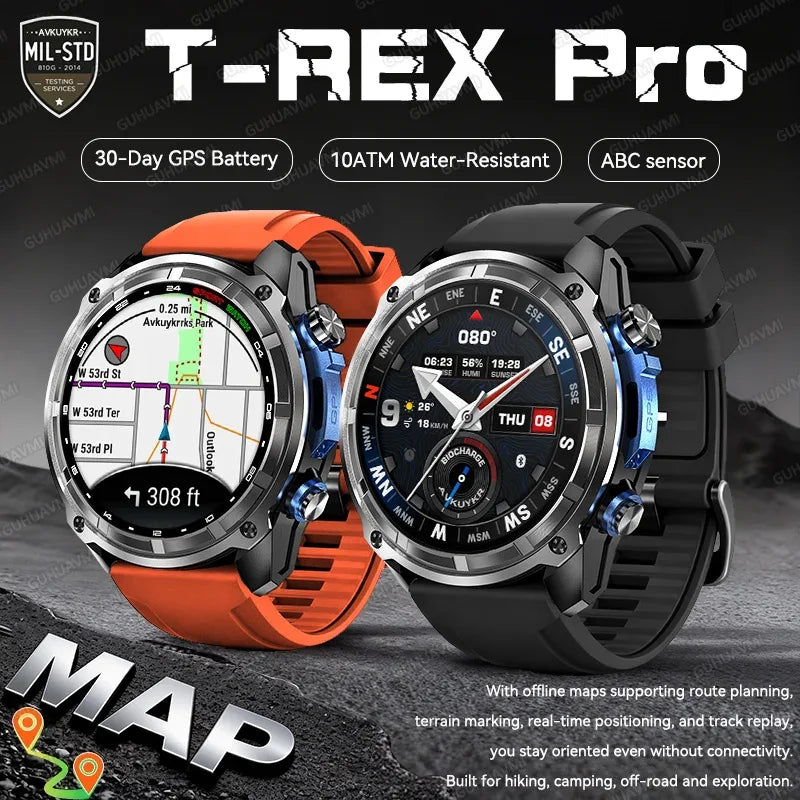 2026 New T-REX Pro Dual-Band AGPS Smartwatch Built-in Offline Map 10ATM Waterproof 30-Days Battery Compass Men Militray Watches - Wear444