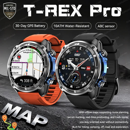 2026 New T-REX Pro Dual-Band AGPS Smartwatch Built-in Offline Map 10ATM Waterproof 30-Days Battery Compass Men Militray Watches - Wear444