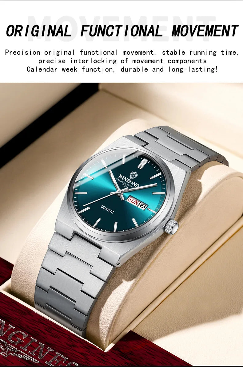 BINBOND Top Brand Luxury Men Quartz Watches Original Watch for Man Waterproof Luminous Date Week Stainless Steel Wristwatch Male