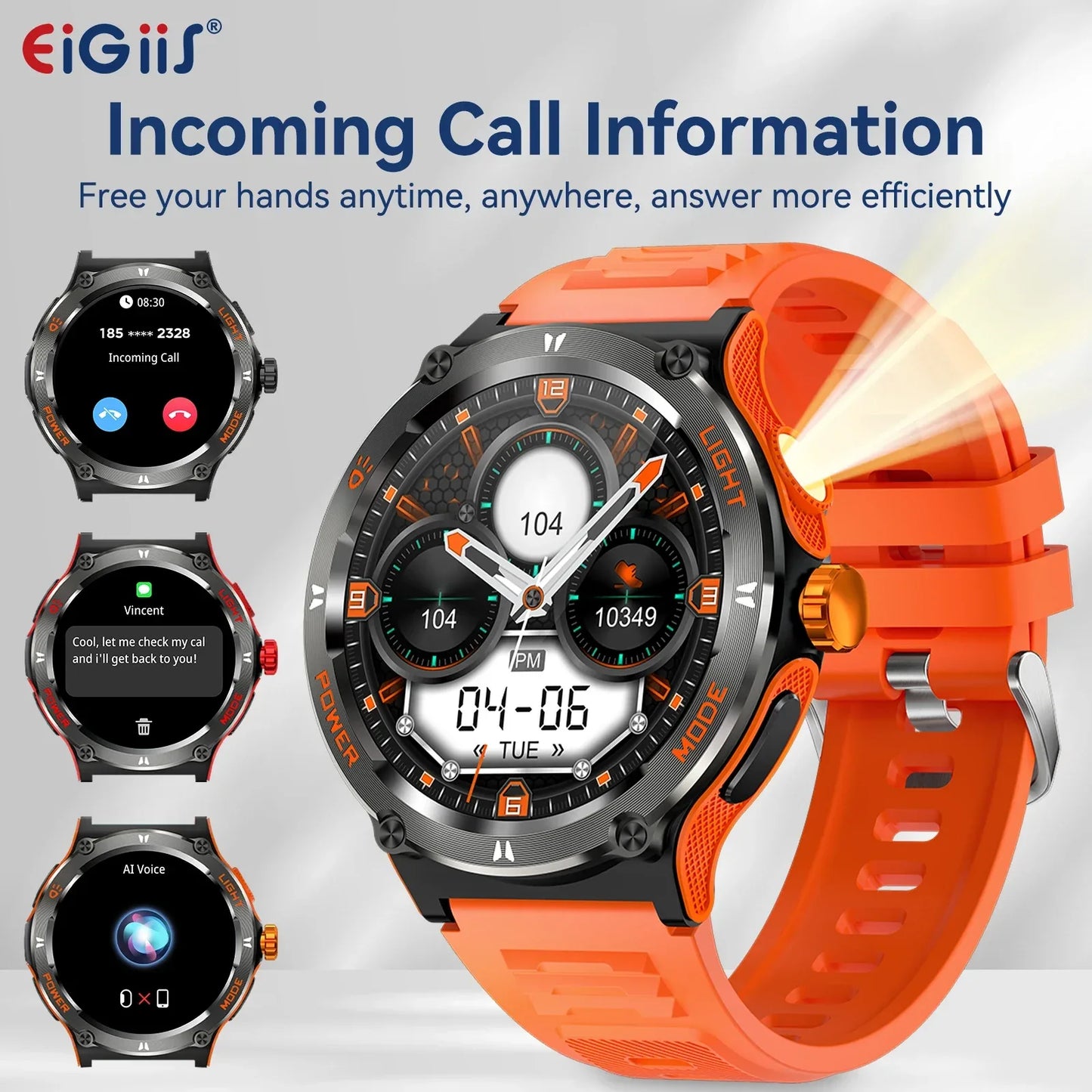 EIGIIS Smart Watch 3ATM Waterproof 1.53" KT76 Men Sport With Compass And LED Flashlight Heart Rate Sleep Analysis Bluetooth Call - Wear444