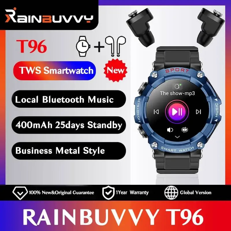 Rainbuvvy T96 TWS Smart Watch Earphone 1.52inch Amoled 3 IN 1 Local Music Player Wireless Headset BT Call Earbuds Smartwatch - Wear444