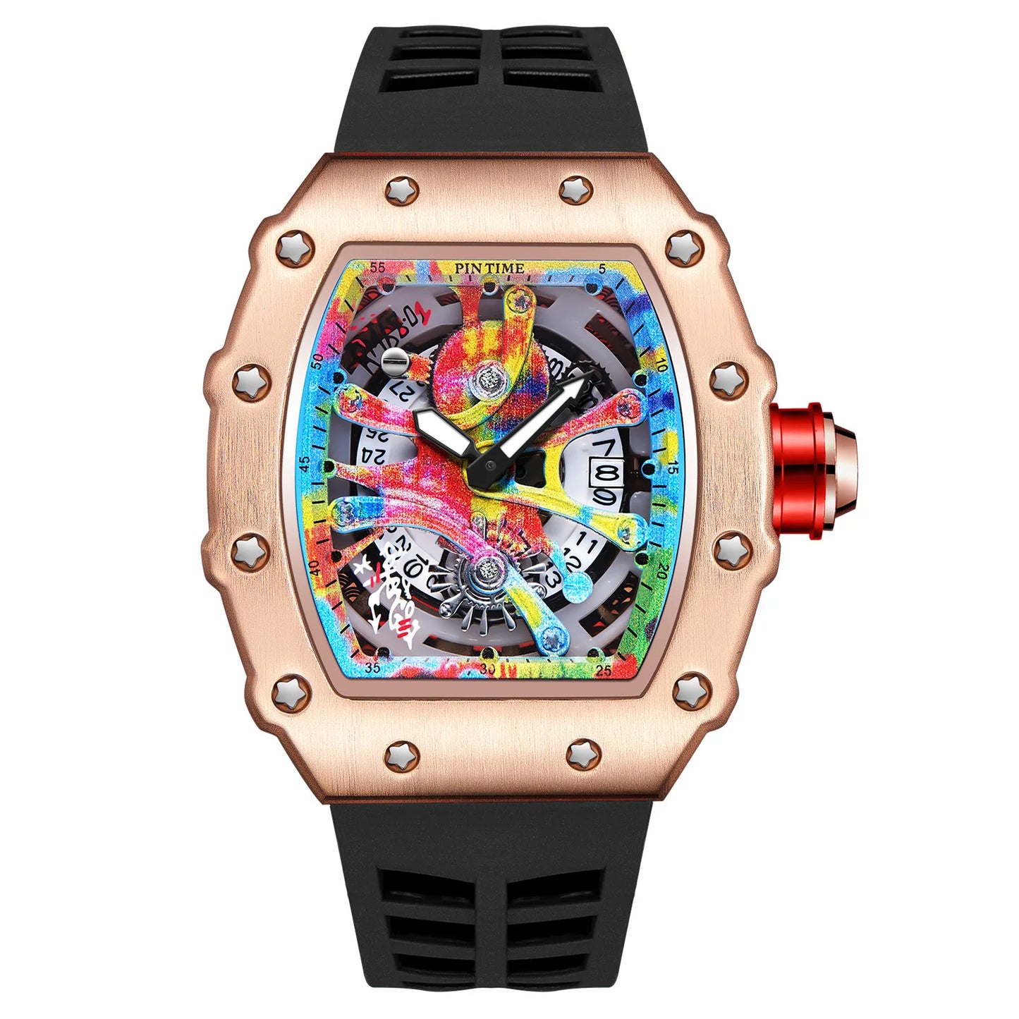 Fashion Mechanical Man Watches Classic Colorful RM Desgin Automatic Visable Wristwatch Causal Men Watch Rubber Strap Belt