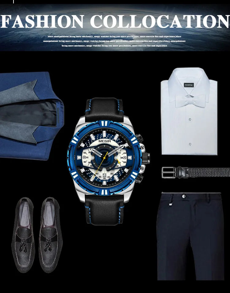 MEGIR Luxury Chronograph Watch - Leather Belt Luminous Sports Business