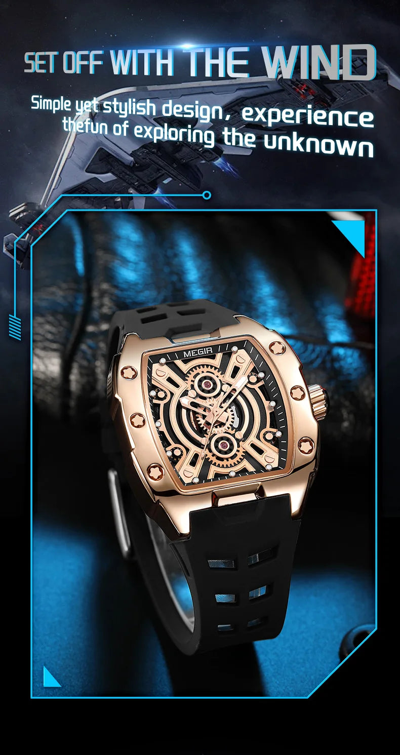 MEGIR Fashion Sport Quartz Watch for Men Tonneau Case Waterproof Luminous Hands Wristwatch with Silicone Strap Hollowed-out Dial