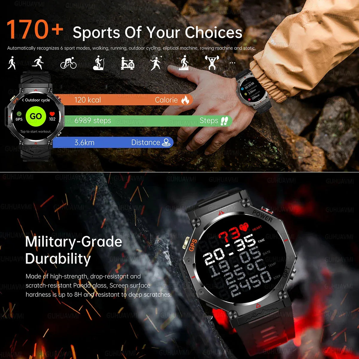Military Smart Watch T-Rex 3 Bulit-in GPS Compass Altimeter Barometric 10ATM IP69K Waterproof AMOLED Bluetooth Call Smart watch - Wear444