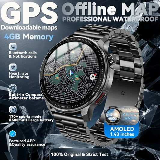 NEW GPS Offline Maps Smart Watch 1.43" AMOLED Military Sports Smartwatch 4GB Memory Video Player 30m Swim Waterproof Bracelet - Wear444