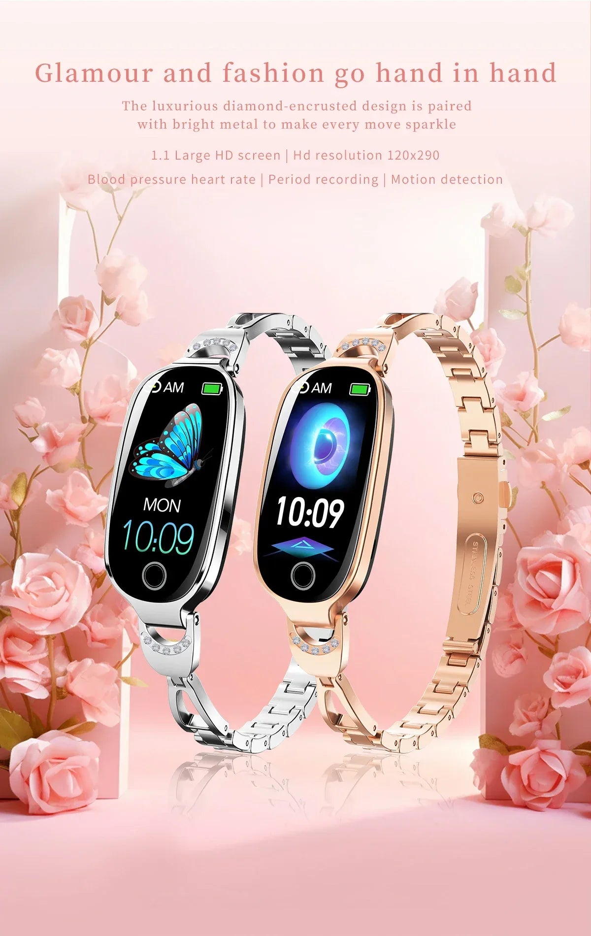 Fashion Smart Watch for Women With Metal Case Strap Bluetooth Calls Femel Menstrual Reminder Heart Rate Blood Pressure Monitor - Wear444