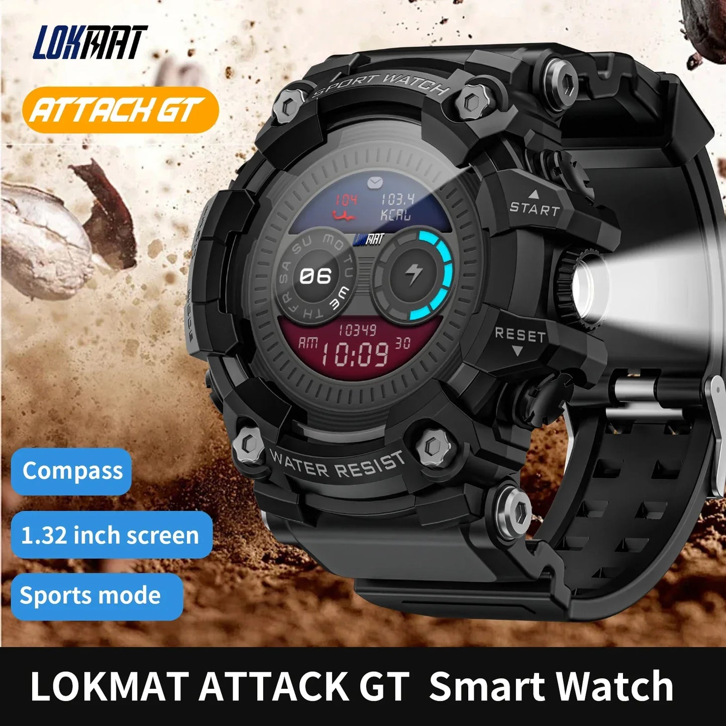 LOKMAT ATTACK-GT Upgrade Sport Smart Watch Waterproof Bluetooth Calls Rugged Smartwatches Flashlight Fitness Tracker for Phone - Wear444