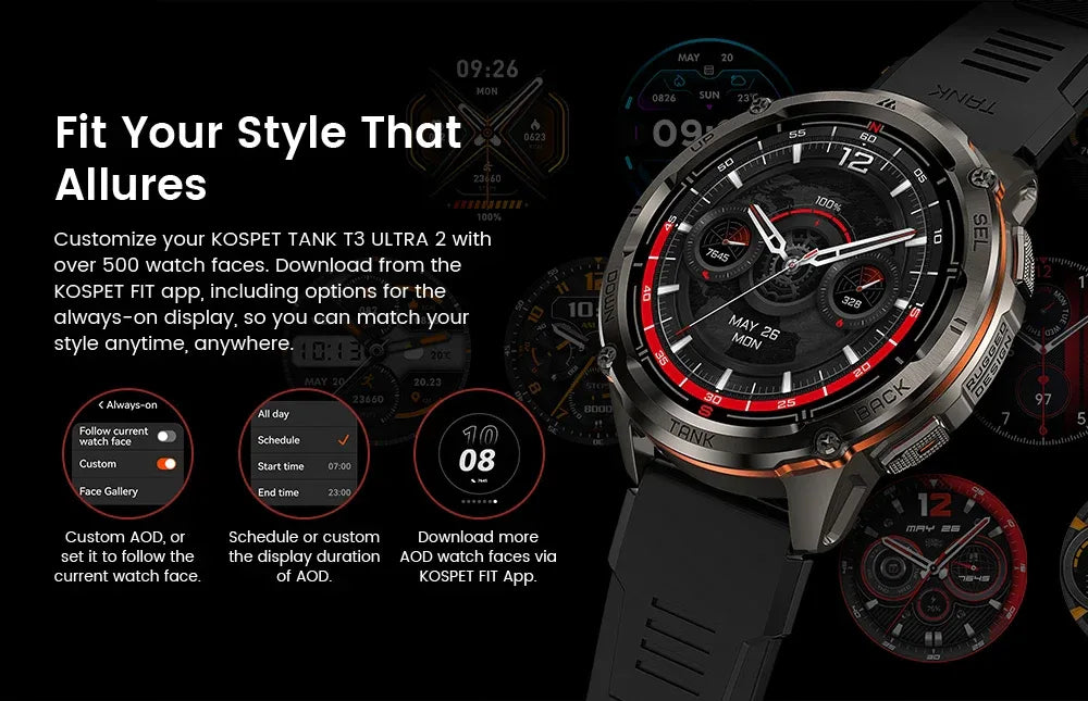 KOSPET TANK T3 Ultra 2 GPS Smart Watch for Men Bluetooth Call 5ATM IP69K Waterproof Men's Watch Stainless Steel Health Monitor - Wear444