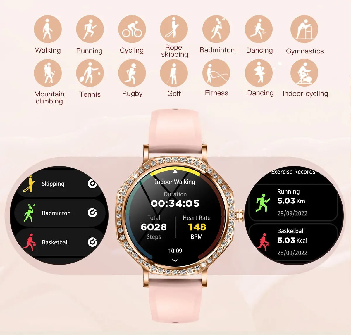 2025 New Ladies' Fashion Smartwatch Diamond Frame HD AMOLED Screen Bluetooth Call Health Monitoring Waterproof Smart Watch Gift - Wear444