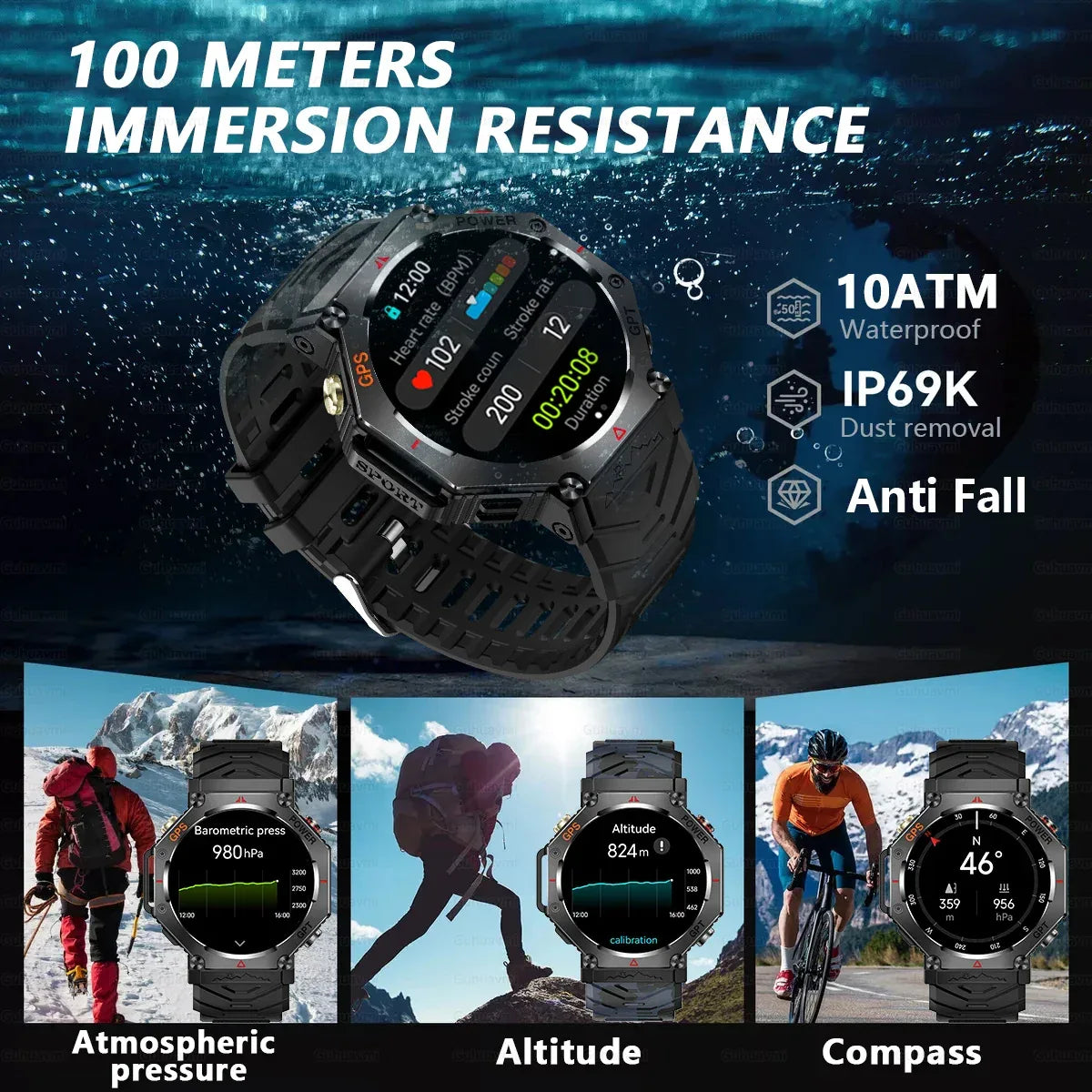 Military Smart Watch T-Rex 3 Bulit-in GPS Compass Altimeter Barometric 10ATM IP69K Waterproof AMOLED Bluetooth Call Smart watch - Wear444