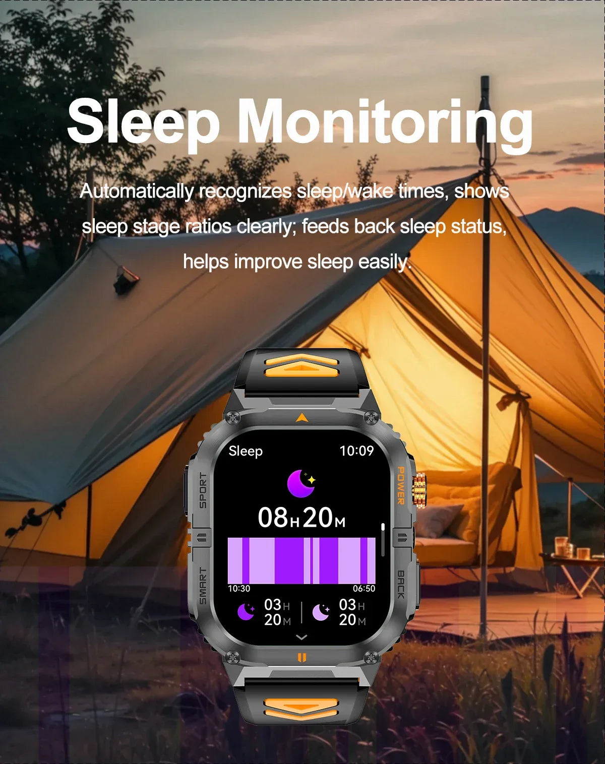 New 1000mAh military outdoor smartwatch for men, LED flashlight, IP68 waterproof, GPS sports, 2.01-inch Bluetooth call smartwatc - Wear444