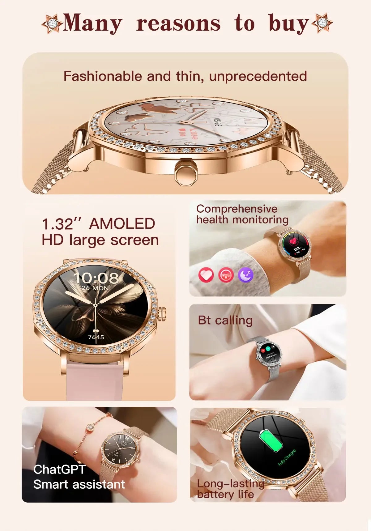 Luxury Women's Smartwatches Diamond Dial Fashion Smart Watch Heart Rate Monitor Sleep Tracking IP67 Waterproof For Android & IOS - Wear444
