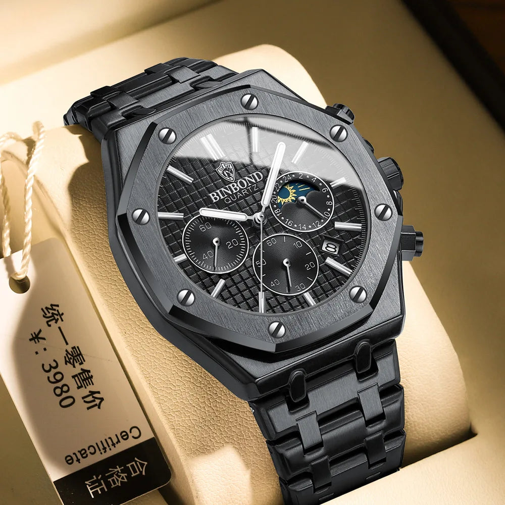 BINBOND Fashion Business Top Luxury Brand Quartz Watch Men Watches Stainless Steel Waterproof Man Wristwatch Relogio Masculino